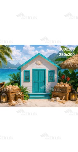 Tło fotograficzne „Tropikalna chatka na plaży z turkusowymi drzwiami i muszlami” | 4038